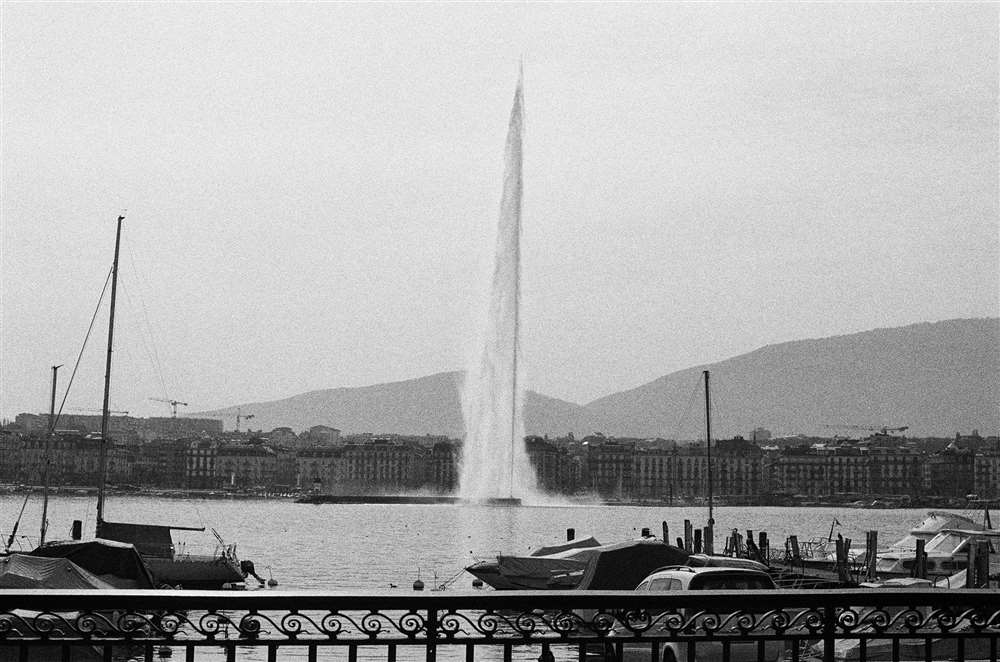 圖為 Jet d' Eau 從遠處的欄桿后面。